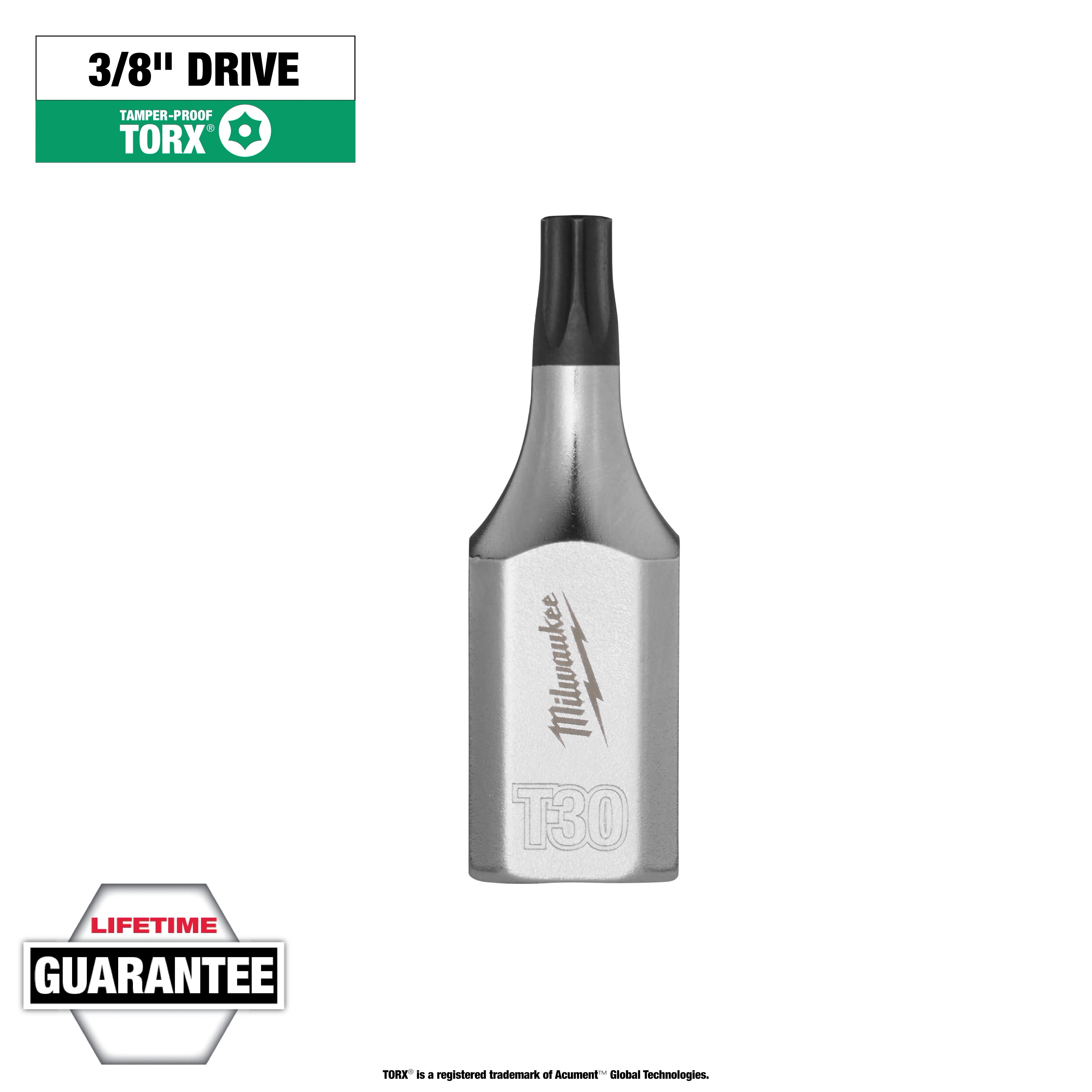 1/4" Drive T30 Tamper Proof TORX Bit Socket with a metal finish, center hole security feature, and engraved T30 designation.