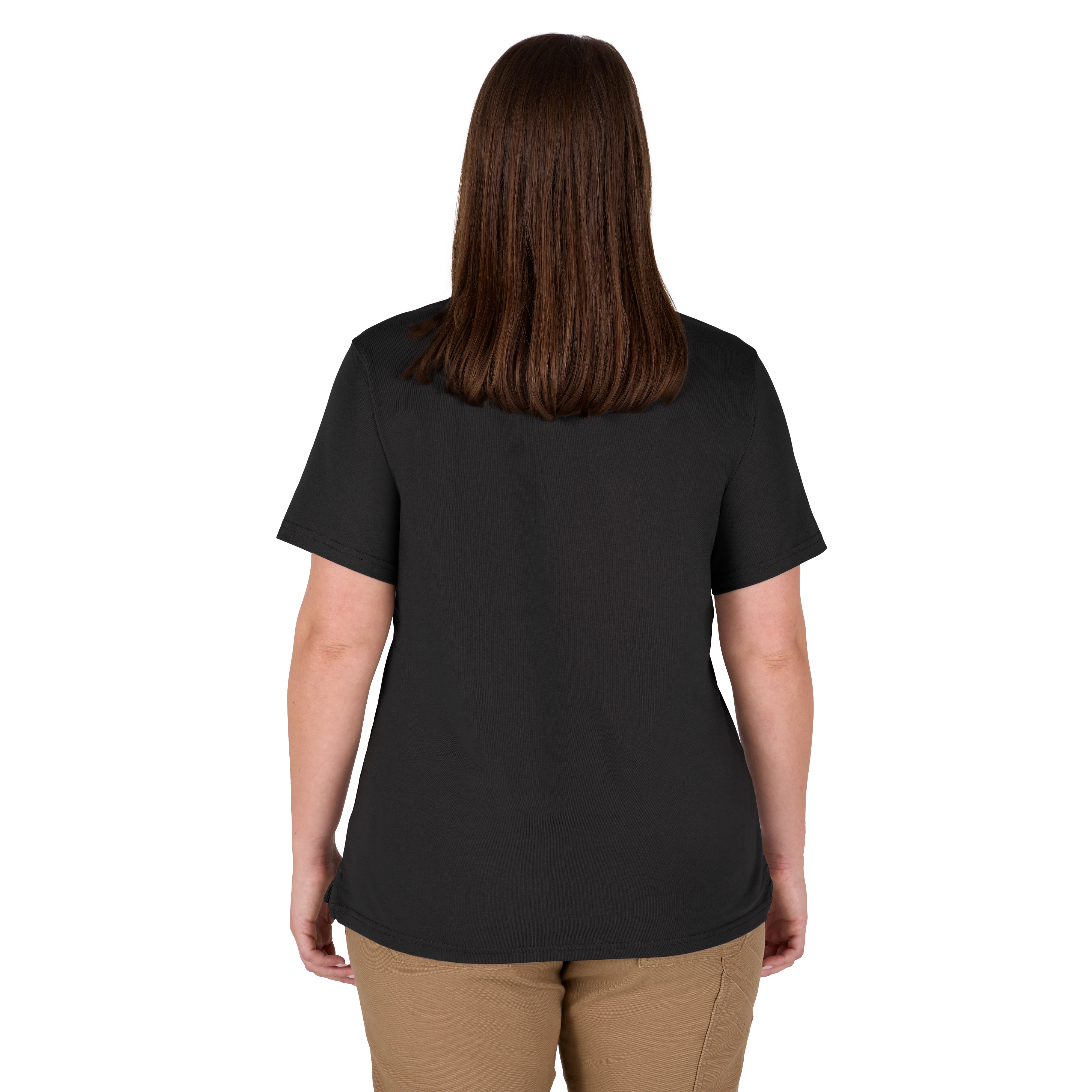 Rear view of a person wearing the Women's GRIDIRON™ Pocket T-Shirt - Short Sleeve Black. The T-shirt is plain black with short sleeves and a relaxed fit. The individual is also wearing tan pants.