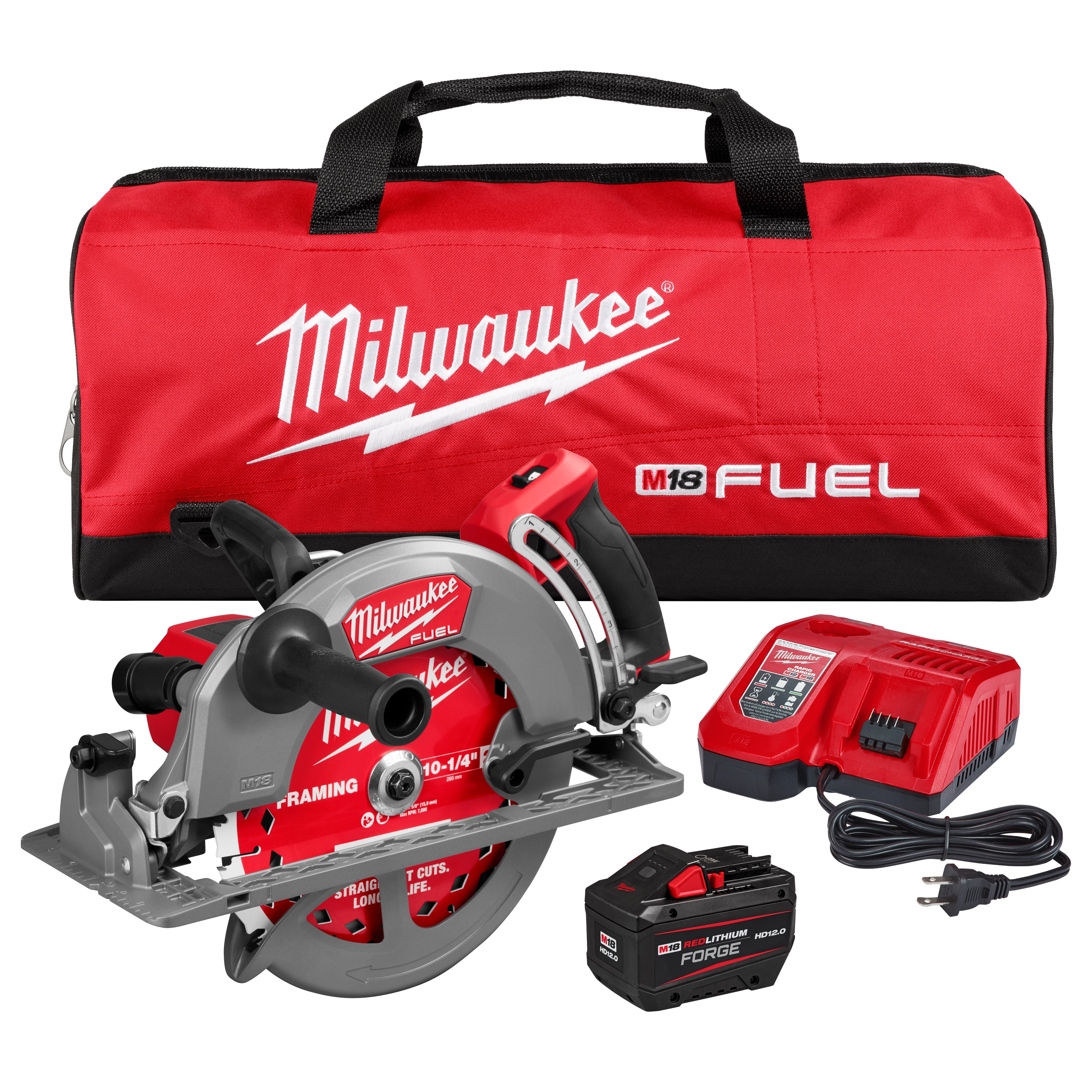 Milwaukee M18 FUEL 10-1/4" Rear Handle Circular Saw Kit includes saw, battery, charger, and carrying bag, all in red and black.