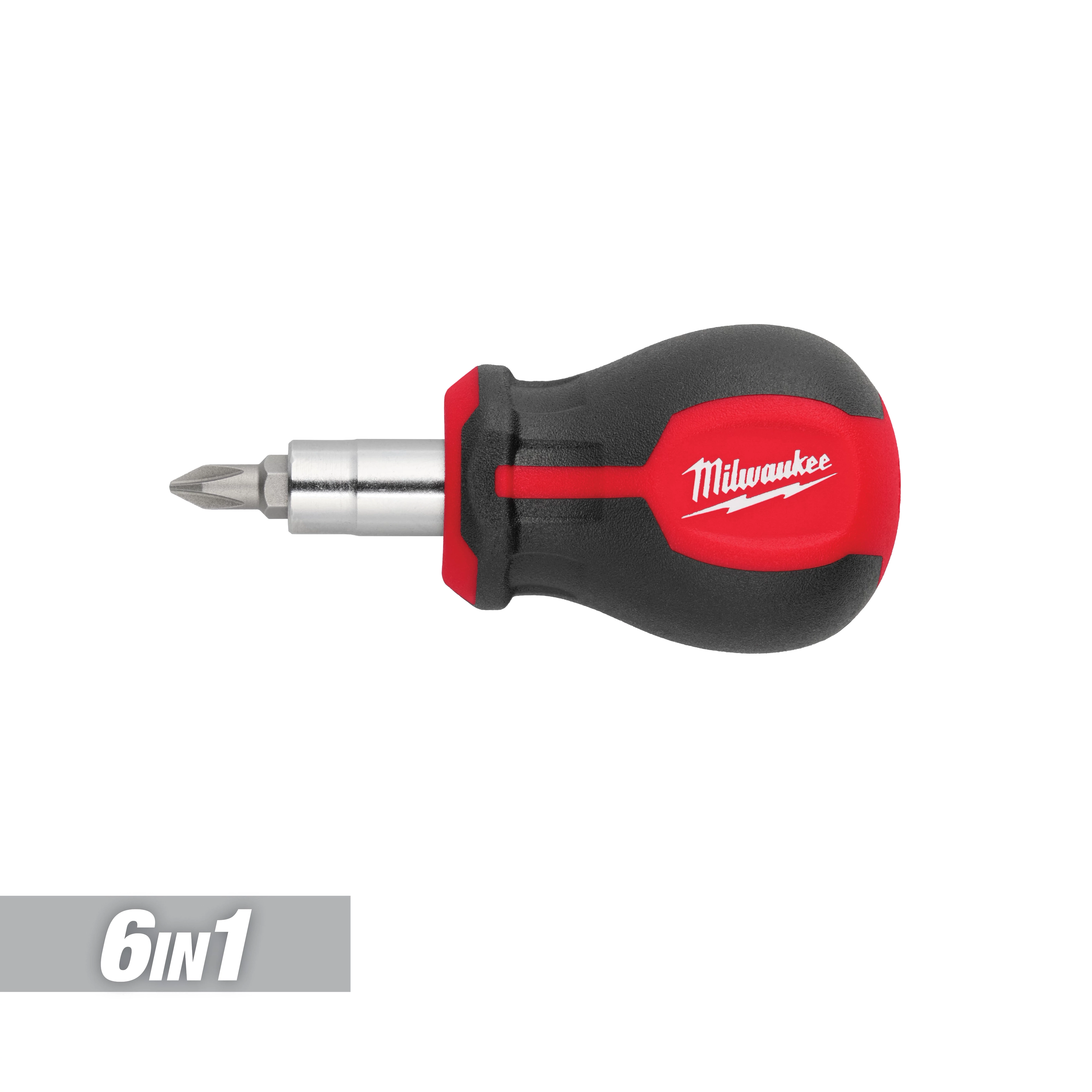 This image shows the Milwaukee 6-IN-1 Stubby Multi-Bit Screwdriver. It has a black and red handle, with a detachable, multi-bit steel head. The Milwaukee brand name is printed on the handle.