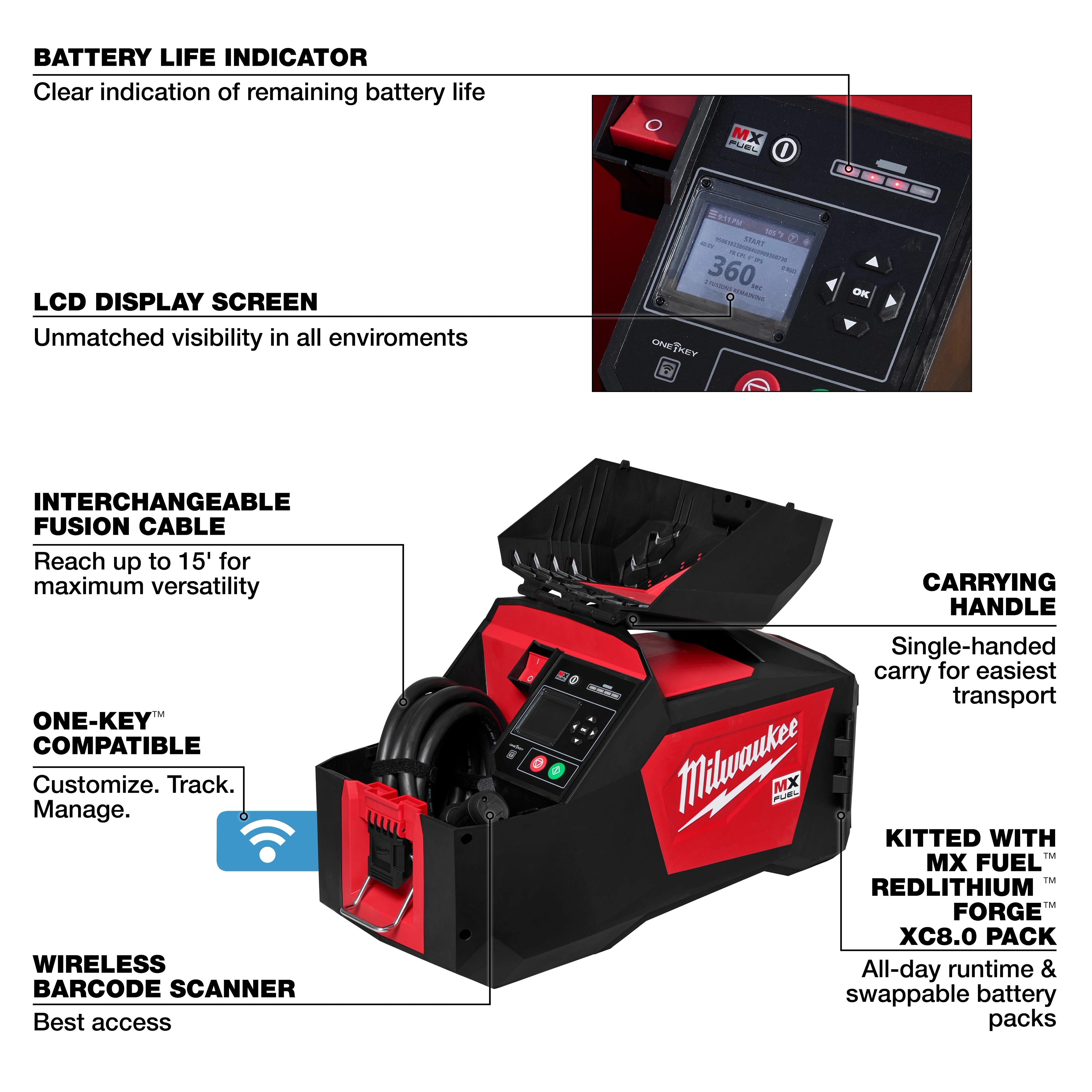 The MX FUEL™ Electrofusion Processor is equipped with a battery life indicator, LCD display screen, interchangeable fusion cable, and One-Key™ compatibility. It also features a carrying handle, wireless barcode scanner, and MX FUEL™ REDLITHIUM™ FORGE™ XC6.0 PACK.