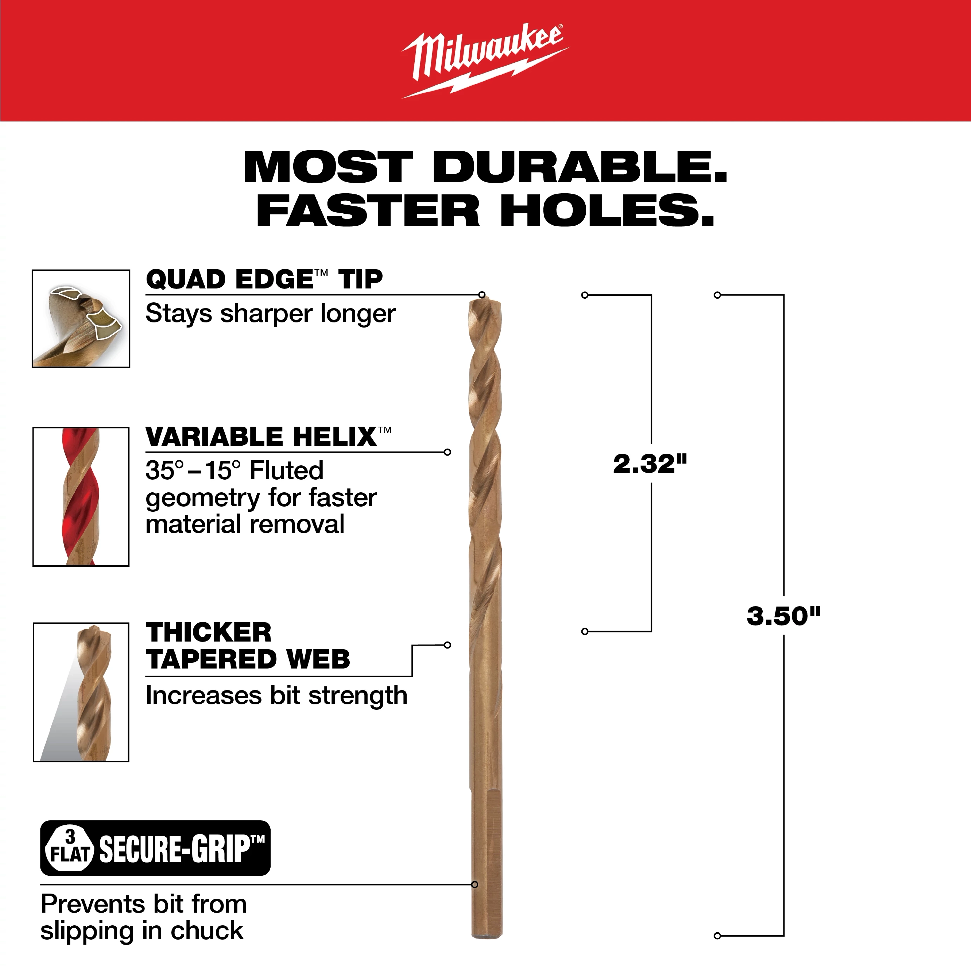 The 3/16 in. Cobalt Red Helix Twist Drill Bit is durable and designed for faster holes with a quad edge tip, variable helix geometry, thicker tapered web, and secure-grip feature to prevent slipping in the chuck. The bit is 3.50 inches long with a 2.32-inch twist length.