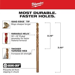 The 3/16 in. Cobalt Red Helix Twist Drill Bit is durable and designed for faster holes with a quad edge tip, variable helix geometry, thicker tapered web, and secure-grip feature to prevent slipping in the chuck. The bit is 3.50 inches long with a 2.32-inch twist length.