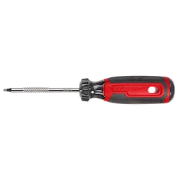 The #1 Square 3" Cushion Grip Screwdriver (USA) features a black and red handle with a cushioned grip and a silver square-tipped shaft. The handle has an ergonomic design for comfort and includes a loop for hanging. The product is made in the USA.
