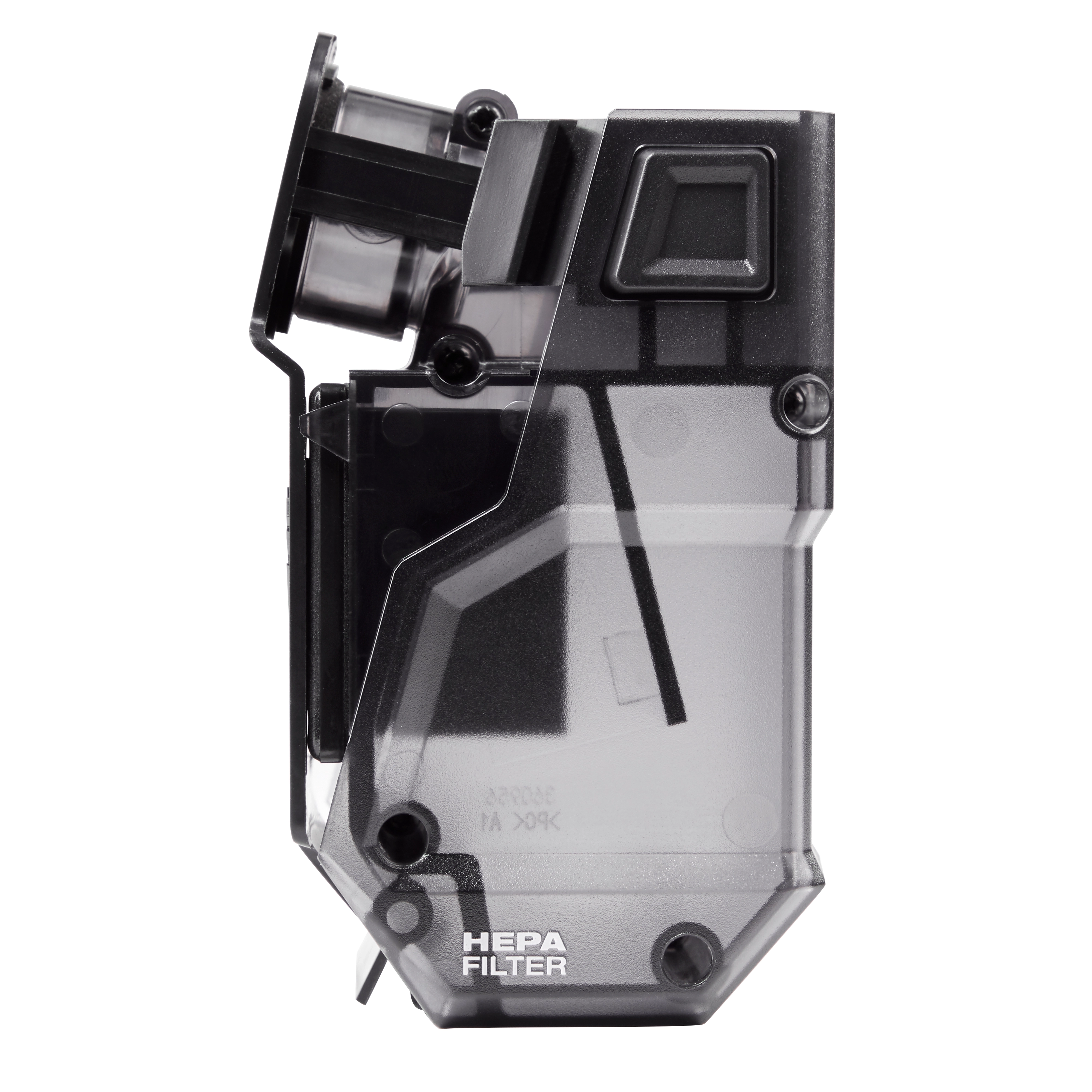 M18 FUEL HAMMERVAC Dedicated Dust Extractor Dust Box, Filter, and Lid. Transparent casing with black accents, labeled "HEPA FILTER".