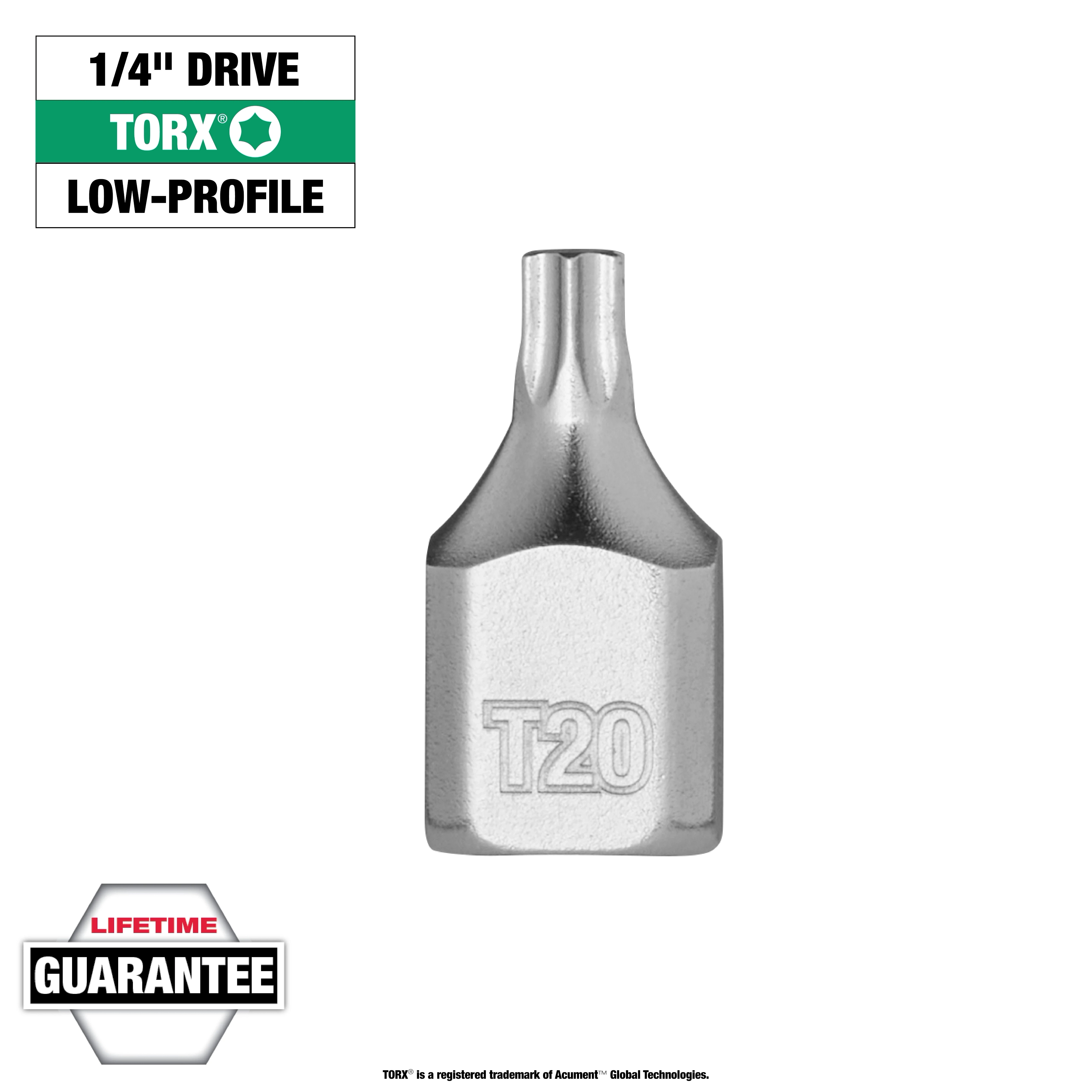 1/4" Drive T20 Low-Profile TORX Bit Socket, shown with its label and lifetime guarantee badge on a white background.