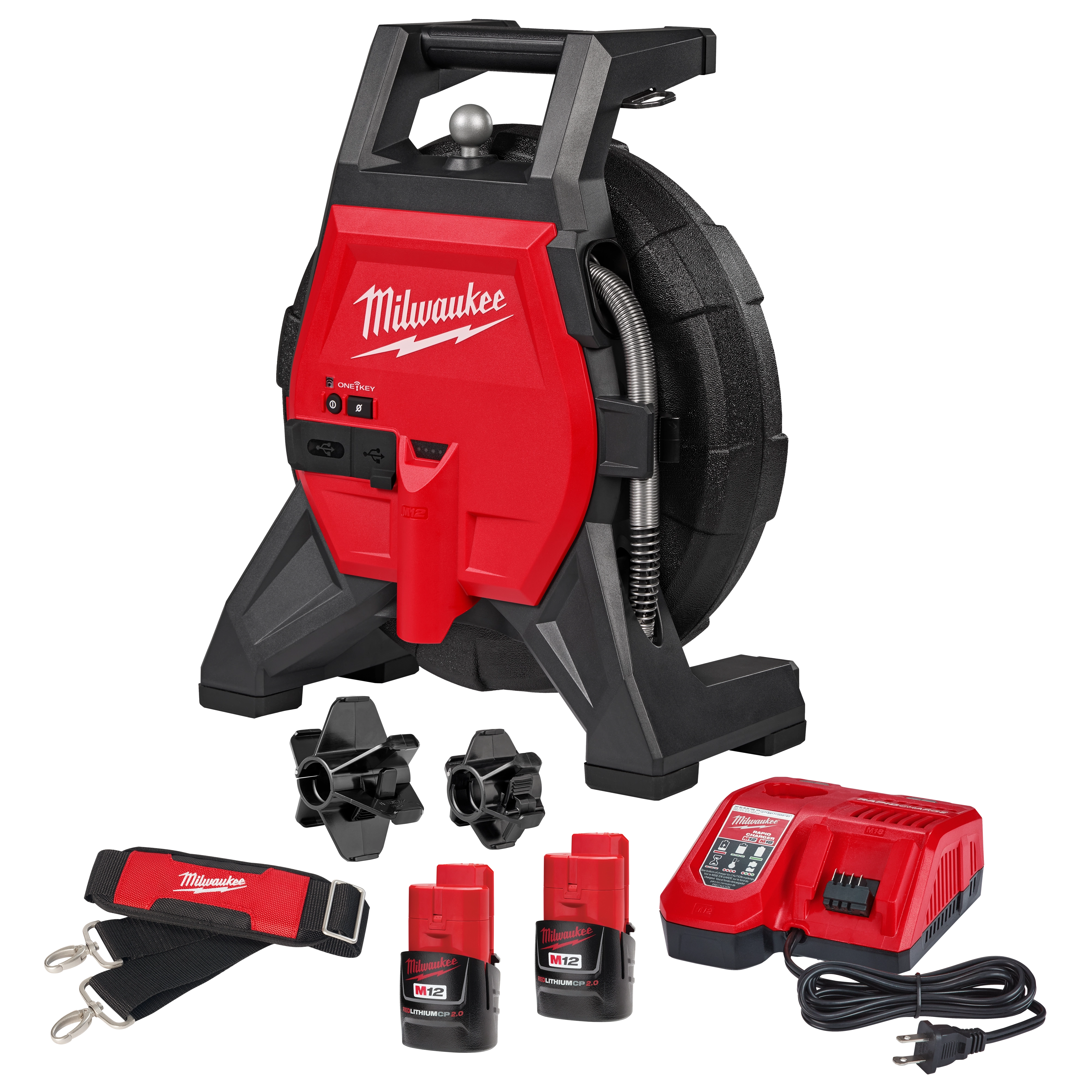 The image shows a Milwaukee drain cleaning machine set. It includes a red and black drain cleaner, a battery charger, two M12 batteries, two cable attachments, and a strap with a Milwaukee logo. The main device has a coiled cable and a handle on top.
