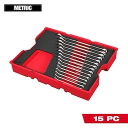 Bare Tray for 15pc. Metric Combination Wrench Set for PACKOUT™ Drawers features a red plastic tray with 15 slots to hold wrenches and an additional compartment for storage. The tray fits into PACKOUT™ drawers.