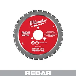 The image shows the Milwaukee Rebar Metal Cutting Blade. The blade is red with silver teeth around the edge and marked with specifications, including compatibility with M18 FUEL and max RPM of 2,000. Text on the blade reads, "Longer Life. Faster Cuts." The Milwaukee logo is prominently displayed at the top.