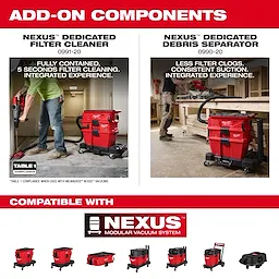 Add-on components for the NEXUS™ Vacuum Program include the Nexus™ Dedicated Filter Cleaner and Nexus™ Dedicated Debris Separator. The image shows workers using these red vacuum units, emphasizing integrated experiences and reduced filter clogs. The products are compatible with the NEXUS™ Modular Vacuum System.
