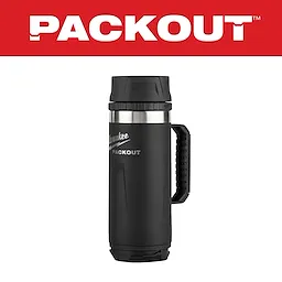 The PACKOUT 18oz Insulated Mug with Sip Lid is shown with a black body, sturdy handle, and a secure lid against a red background.