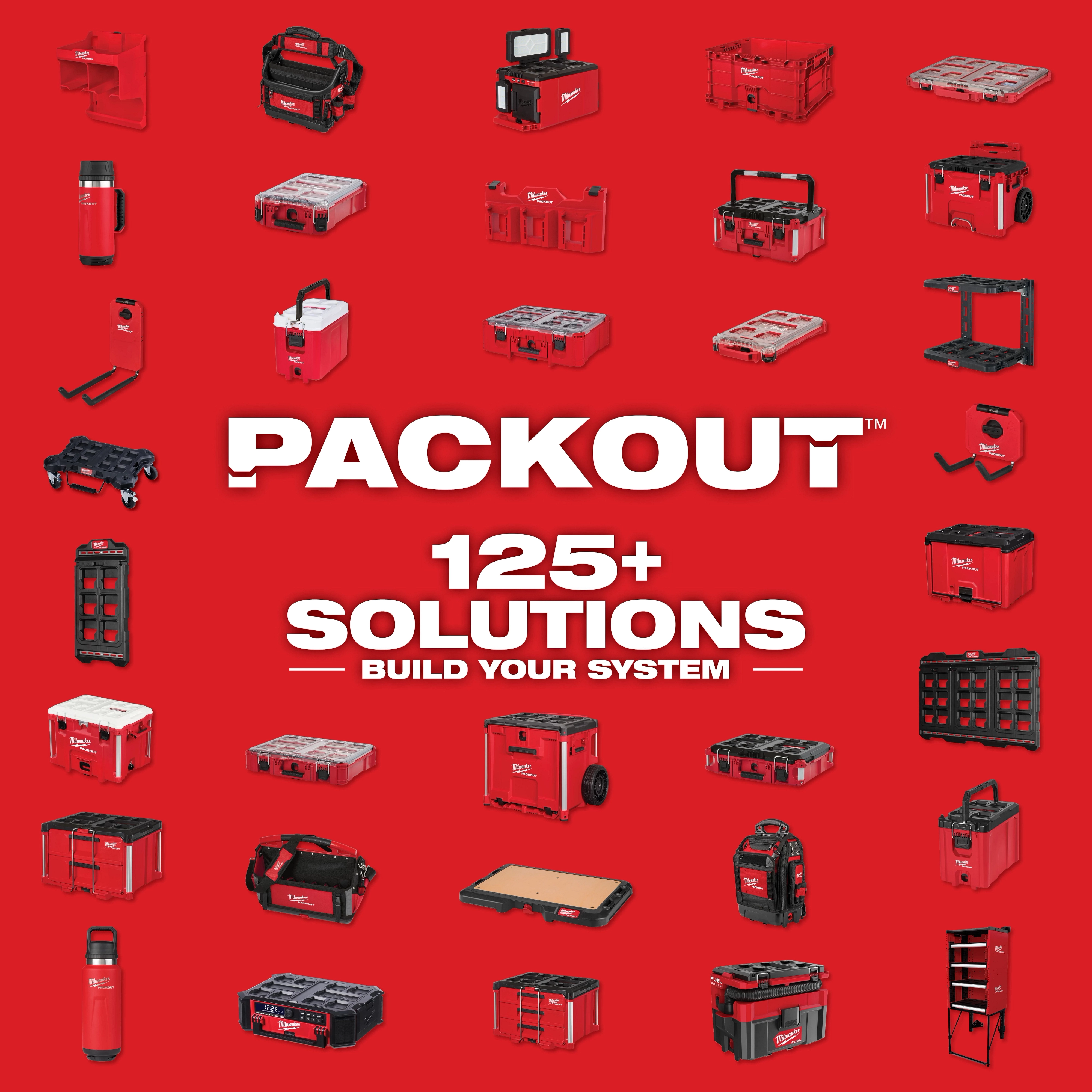 PACKOUT logo, 125+ Solutions Build Your System text, and a variety of red and black PACKOUT storage and tool organizing products.