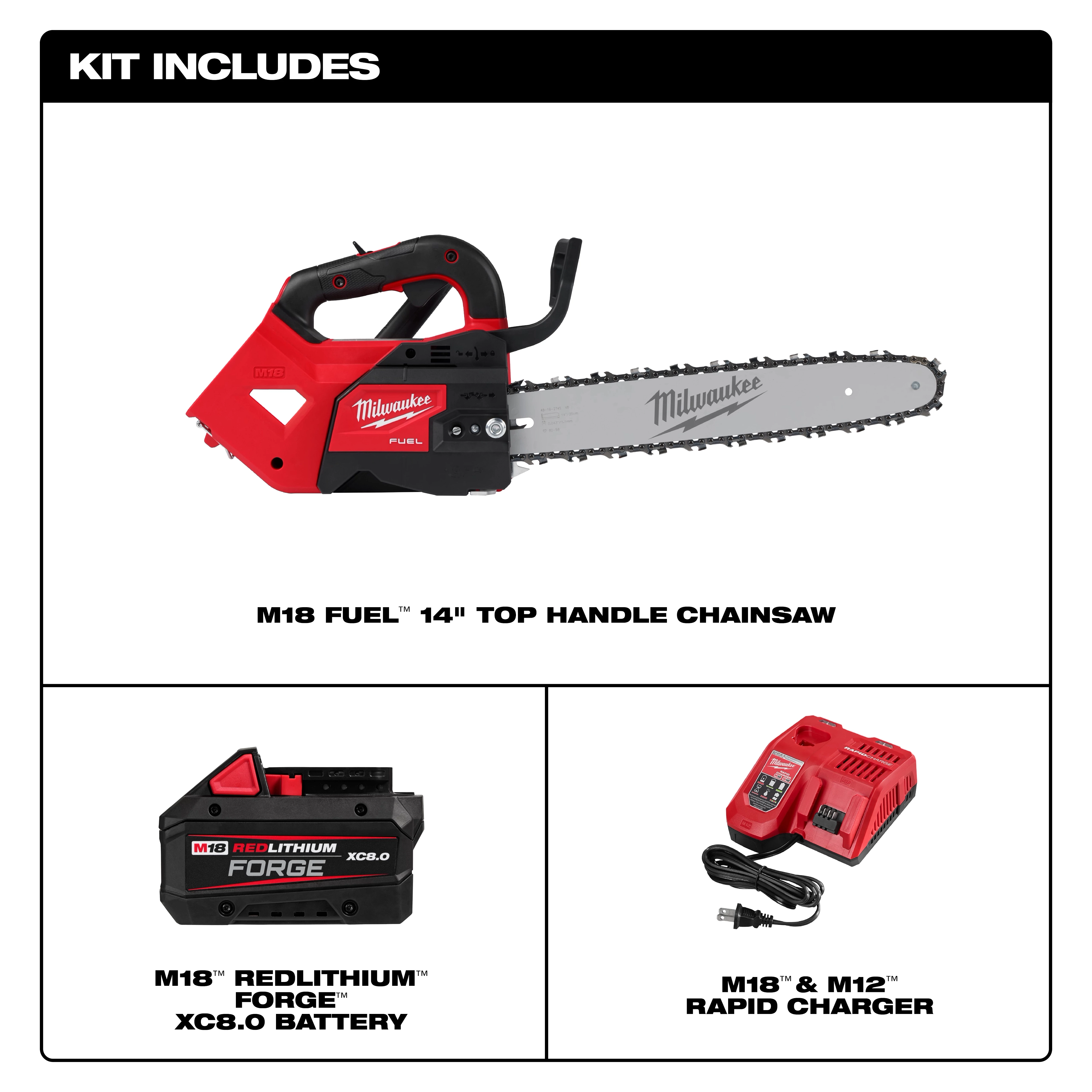 The image shows the M18 FUEL™ 14" Top Handle Chainsaw kit, including the chainsaw, an M18™ REDLITHIUM™ FORGE™ XC8.0 battery, and an M18™ & M12™ rapid charger.