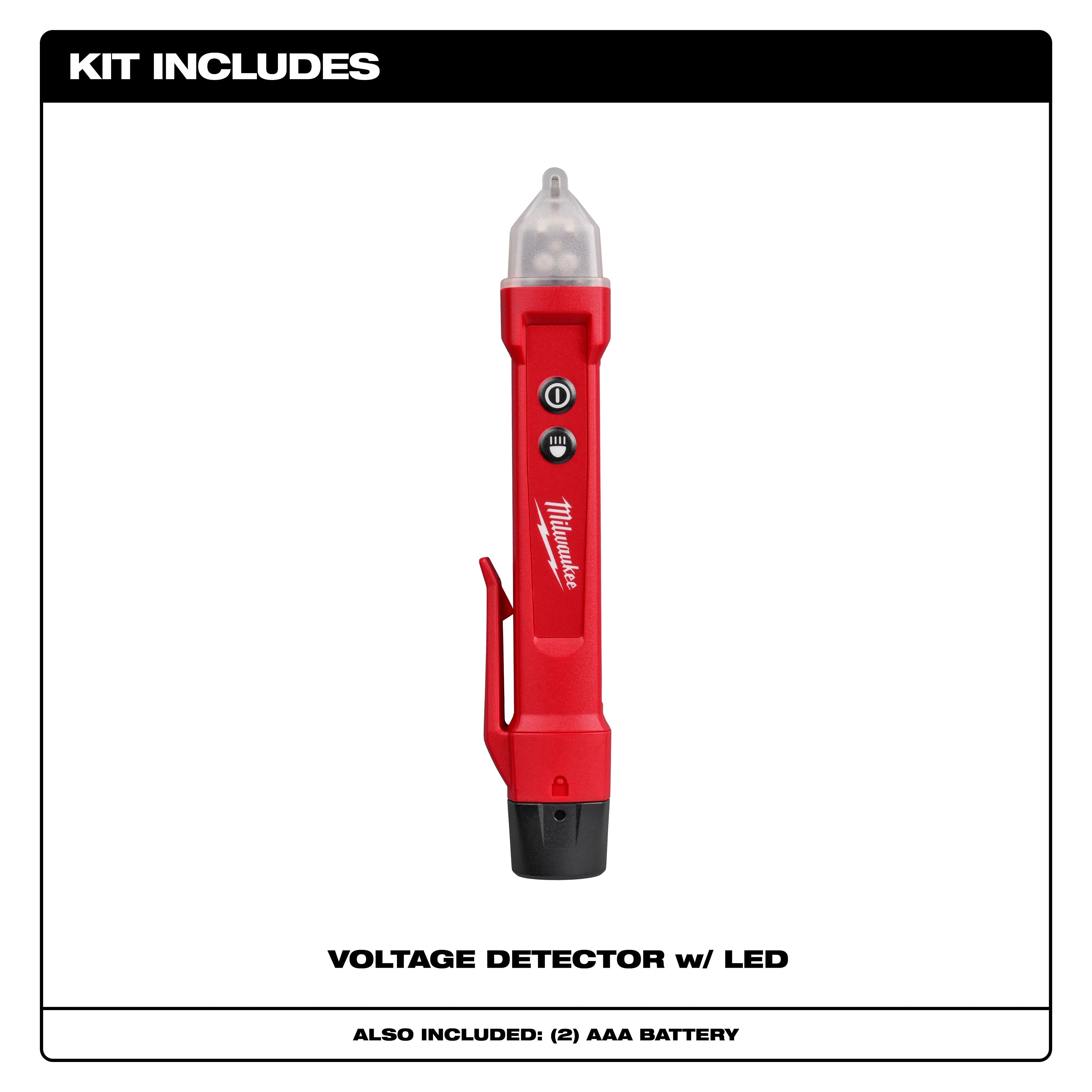 Red Voltage Detector with LED, featuring a clip, on/off button, and includes two AAA batteries.
