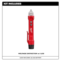 Red Voltage Detector with LED, featuring a clip, on/off button, and includes two AAA batteries.