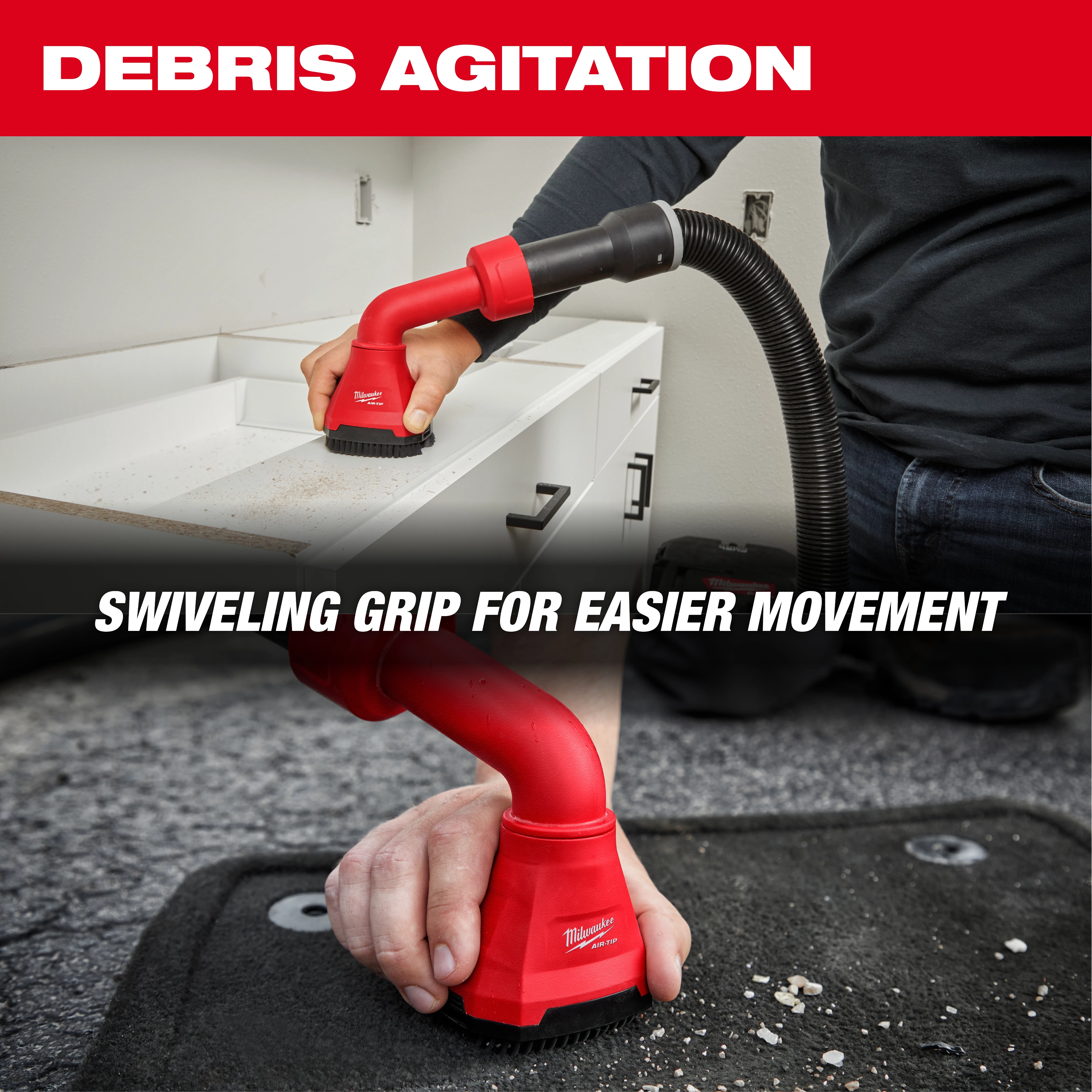 Two images showing the AIR-TIP™ Swiveling Palm Brush in use. One image shows a hand using the tool to clean debris from a counter while the other image shows another hand using the tool to clean a carpet. Text highlights "DEBRIS AGITATION" and "Swiveling Grip For Easier Movement."