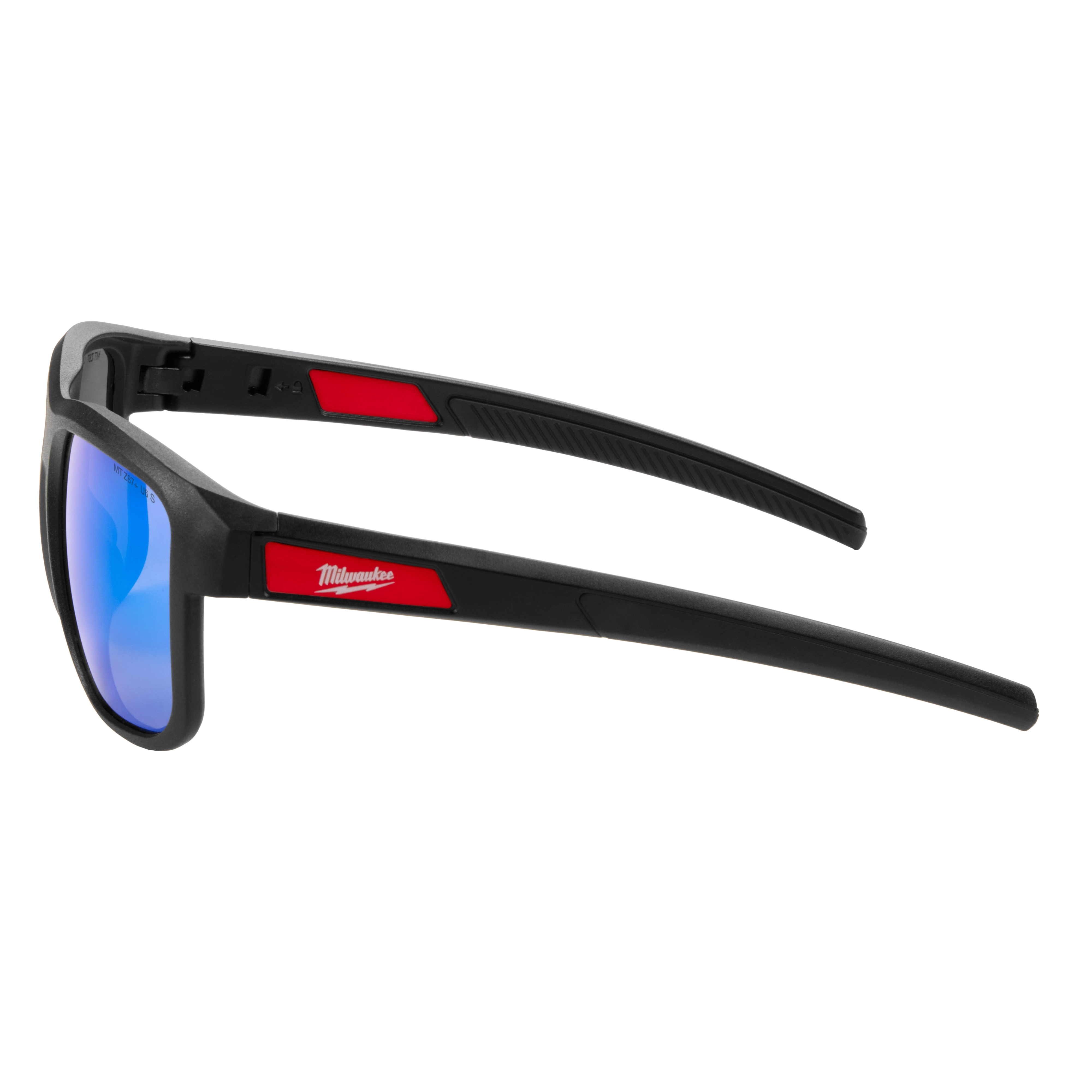 The Full Frame Safety Glasses with Removable Side Shields feature blue mirrored anti-scratch lenses. The glasses have a black frame with red accents, including a visible brand logo on the side. The removable side shields provide added protection and functionality.