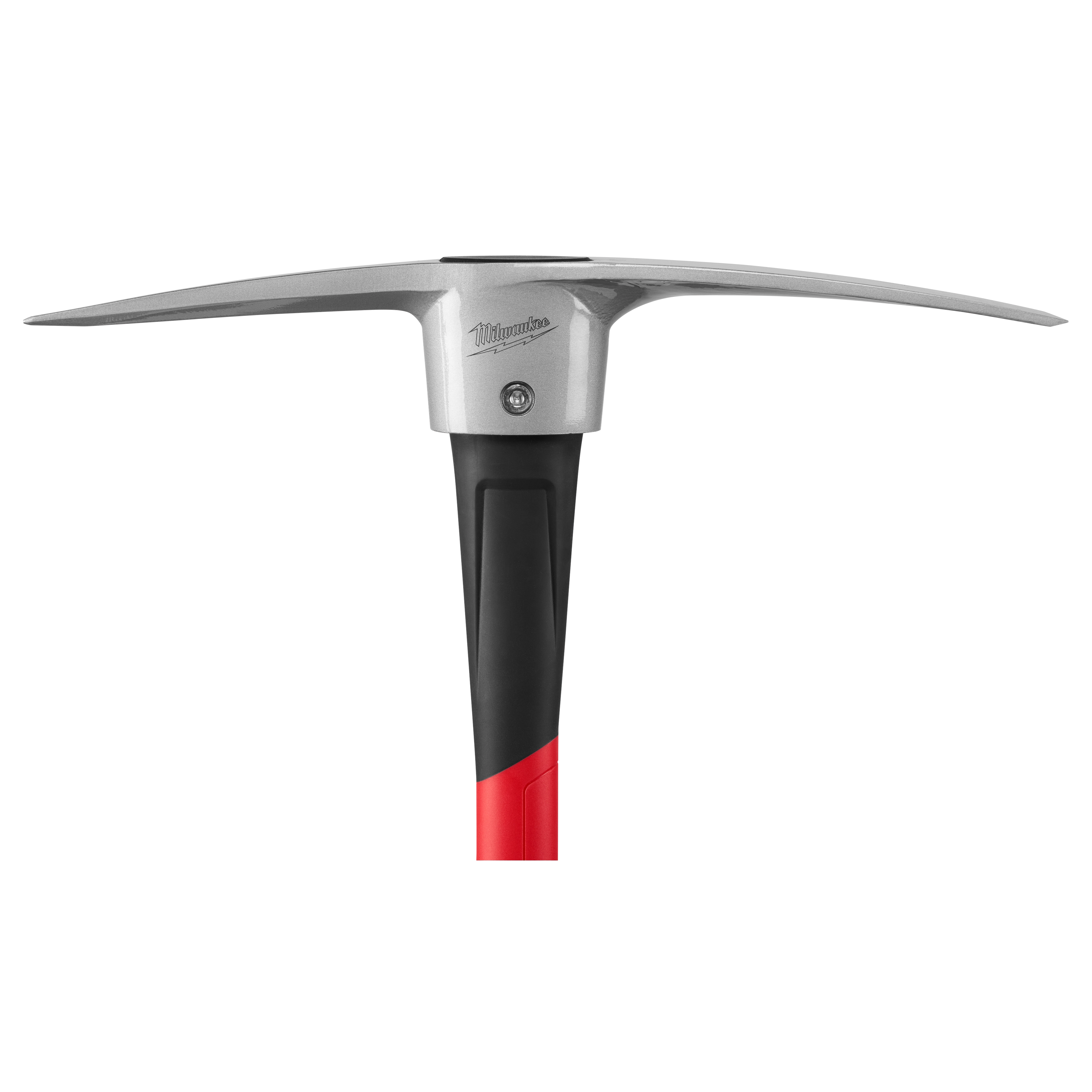 5lb Pick Mattock (36" Handle) with a red and black grip, featuring a sturdy, pointed pick and a flat cutting edge, seen from the top.
