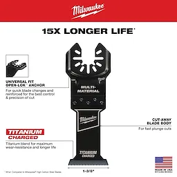 Milwaukee 1-3/8" Open-Lok Bi-Metal Multi-Material Blade with titanium for wear resistance and cut-away body for fast plunge cuts.