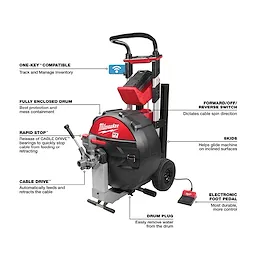 Milwaukee MX FUEL Sewer Drum Machine features a fully enclosed drum, electronic foot pedal, forward/off/reverse switch, and cable drive system.