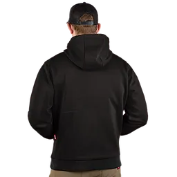 A person wearing the black M12™ Heated Hoodie is shown from the back. The hoodie features a hood and is paired with a black cap and brown trousers.