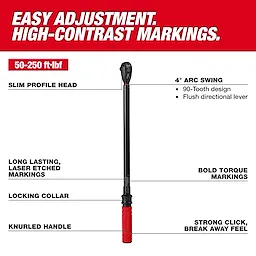 1/2” Drive Click Torque Wrench (50-250 ft·lbf) with slim profile head, laser etched markings, locking collar, red knurled handle.