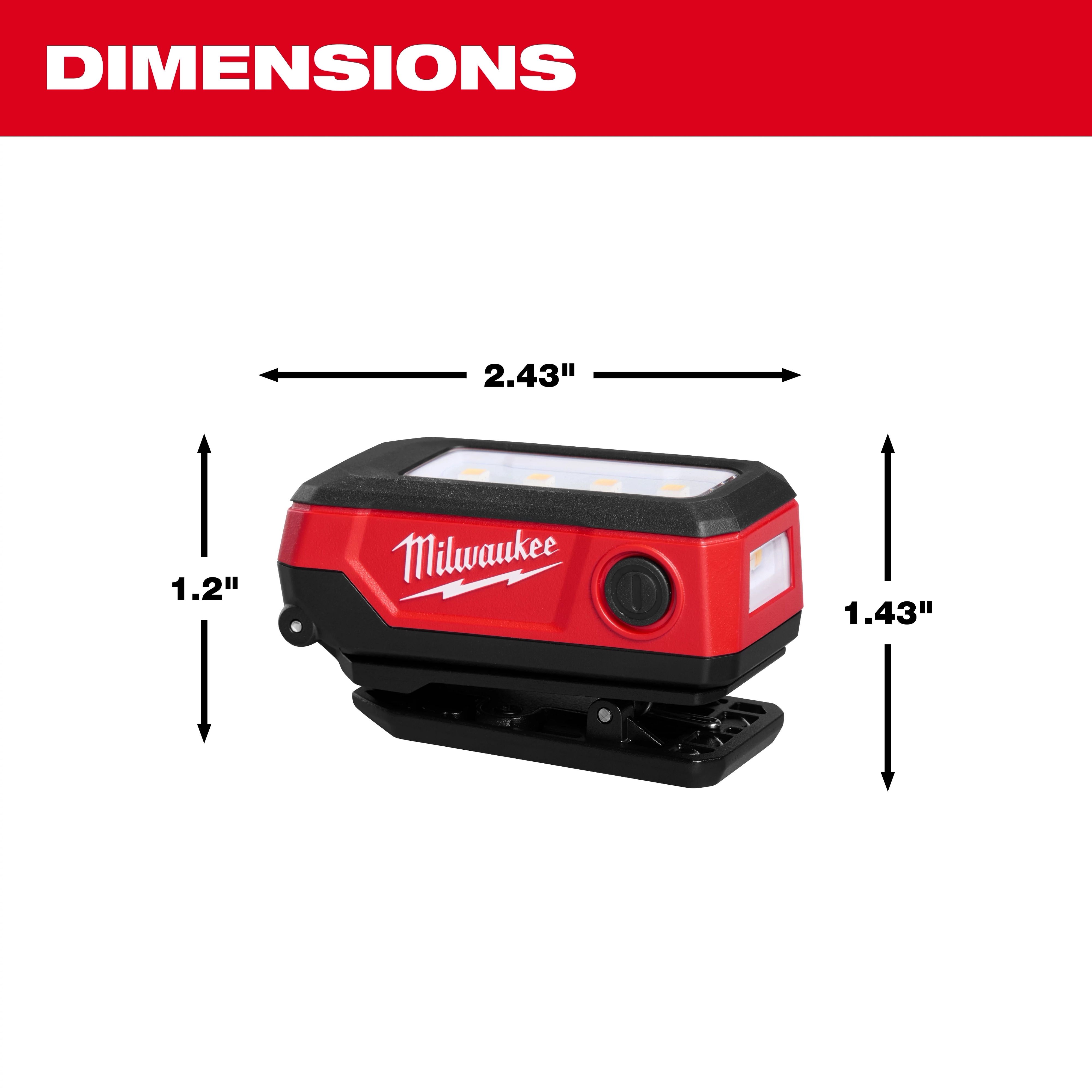 Milwaukee compact rectangular light with clip base, labeled dimensions 2.43" wide, 1.2" tall, and 1.43" deep.