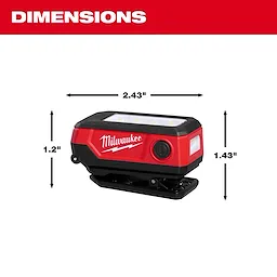 Milwaukee compact rectangular light with clip base, labeled dimensions 2.43" wide, 1.2" tall, and 1.43" deep.
