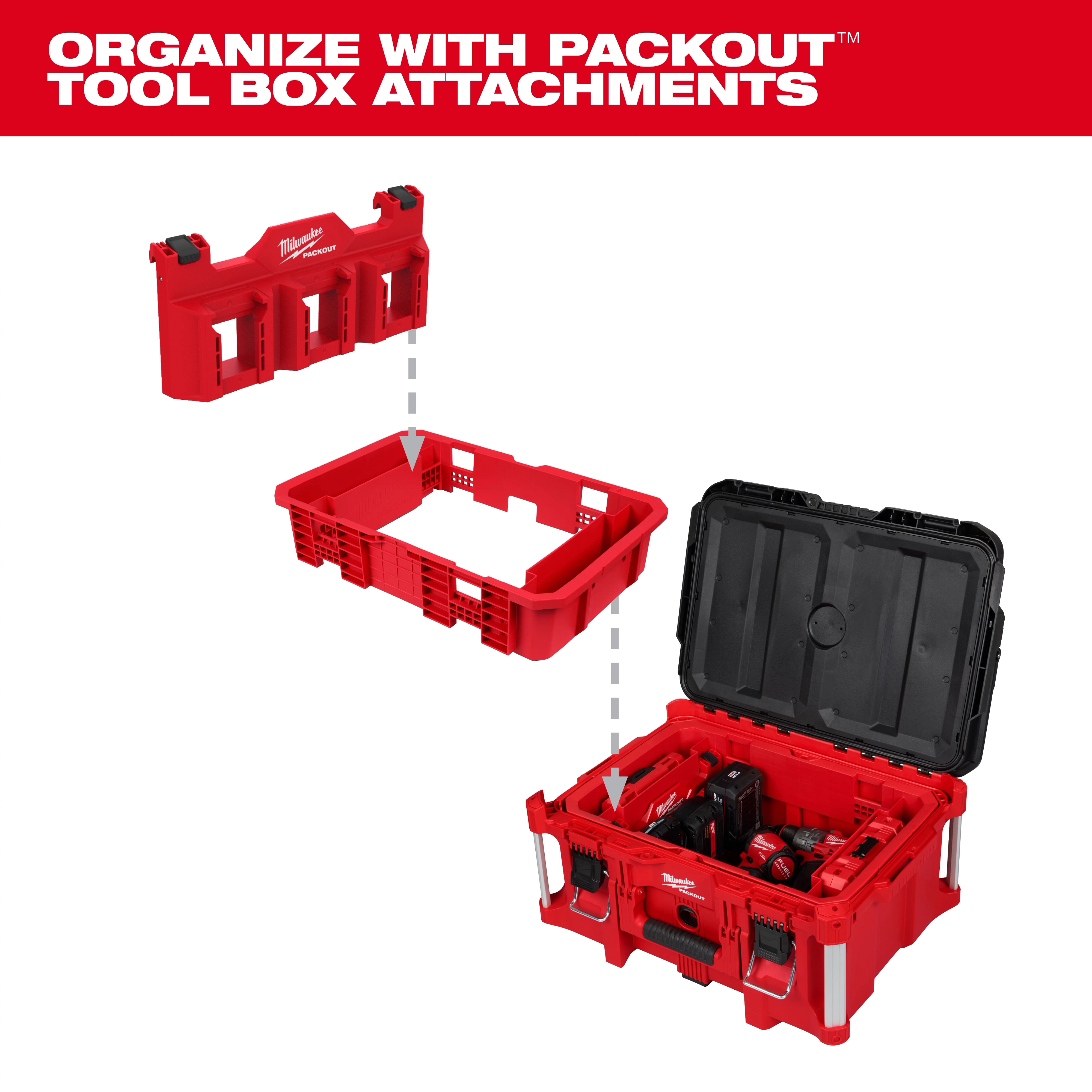 Tool Box Attachment Ready Tray for PACKOUT Tool Boxes shown with modular attachment and organization options.