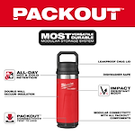 Walkaround image of the Milwaukee PACKOUT 18oz Insulated Bottle with Chug Lid in red highlighting its USPs