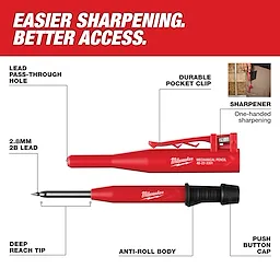 Mechanical Pencil with Lead Pack featuring 2.8mm 2B lead, deep reach tip, anti-roll body, durable pocket clip, and built-in sharpener.