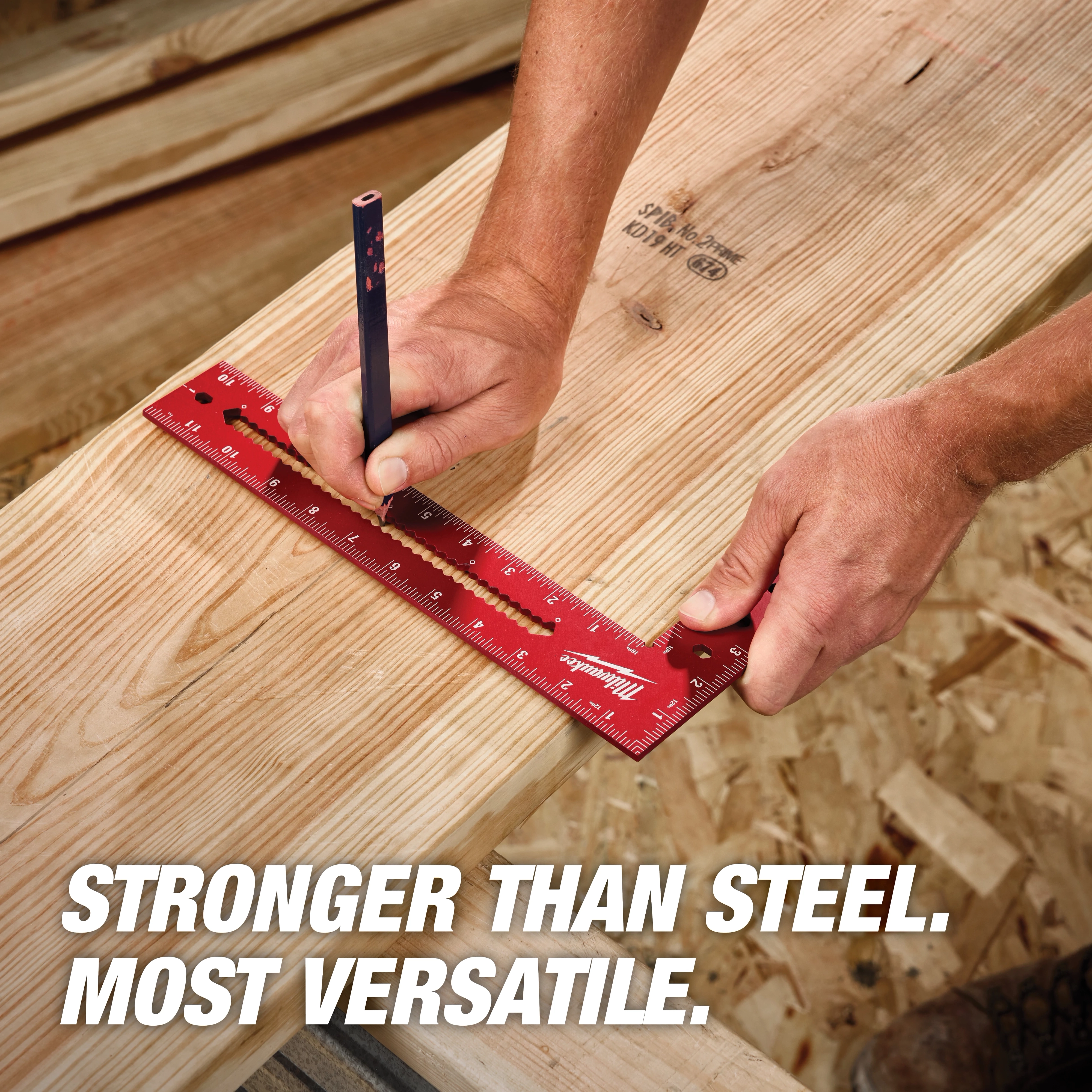 A person uses an 8" x 12" Framing Square to mark a line on a wooden board with a pencil. The red square is labeled with measurements. Text on the image reads, "Stronger than steel. Most versatile." Wood shavings are visible in the background.