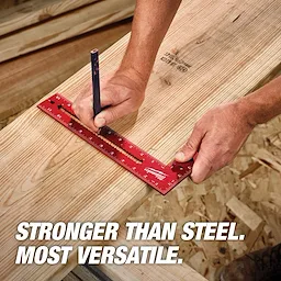 A person uses an 8" x 12" Framing Square to mark a line on a wooden board with a pencil. The red square is labeled with measurements. Text on the image reads, "Stronger than steel. Most versatile." Wood shavings are visible in the background.