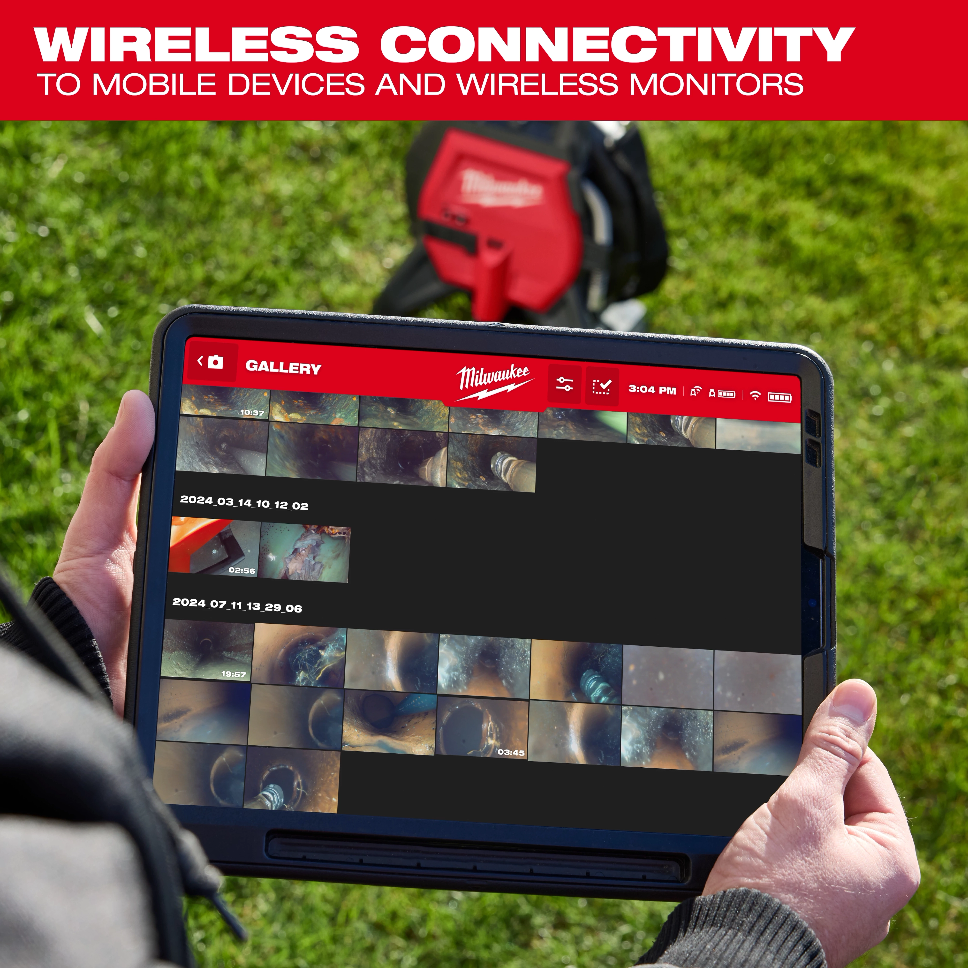 A person holds a tablet displaying Milwaukee's gallery app, showing time-stamped images and videos. A red Milwaukee wireless monitoring device is visible in the background on green grass. The top banner reads, "Wireless Connectivity to Mobile Devices and Wireless Monitors."