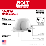 Image of a BOLT™ White Front Brim Hard Hat w/6pt Ratcheting Suspension (USA) - Type 1, Class E. The hard hat features 4 BOLT™ accessory slots, 2 universal accessory slots, a moisture-wicking sweatband, quick-adjust ratcheting suspension, 6-point suspension, and a large sun-blocking full brim. Text highlights its compliance with ANSI/ISEA Z89.1 and CSA Z94.1 standards. The hat is labeled "Adapt to Your Jobsite" and is made in the USA with global materials.