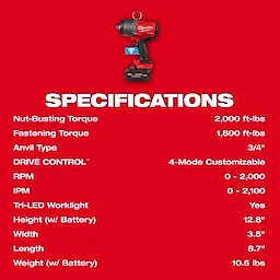 M18 FUEL 3/4" High Torque Impact Wrench w/ ONE-KEY Kit displayed above its printed specifications on a red background.