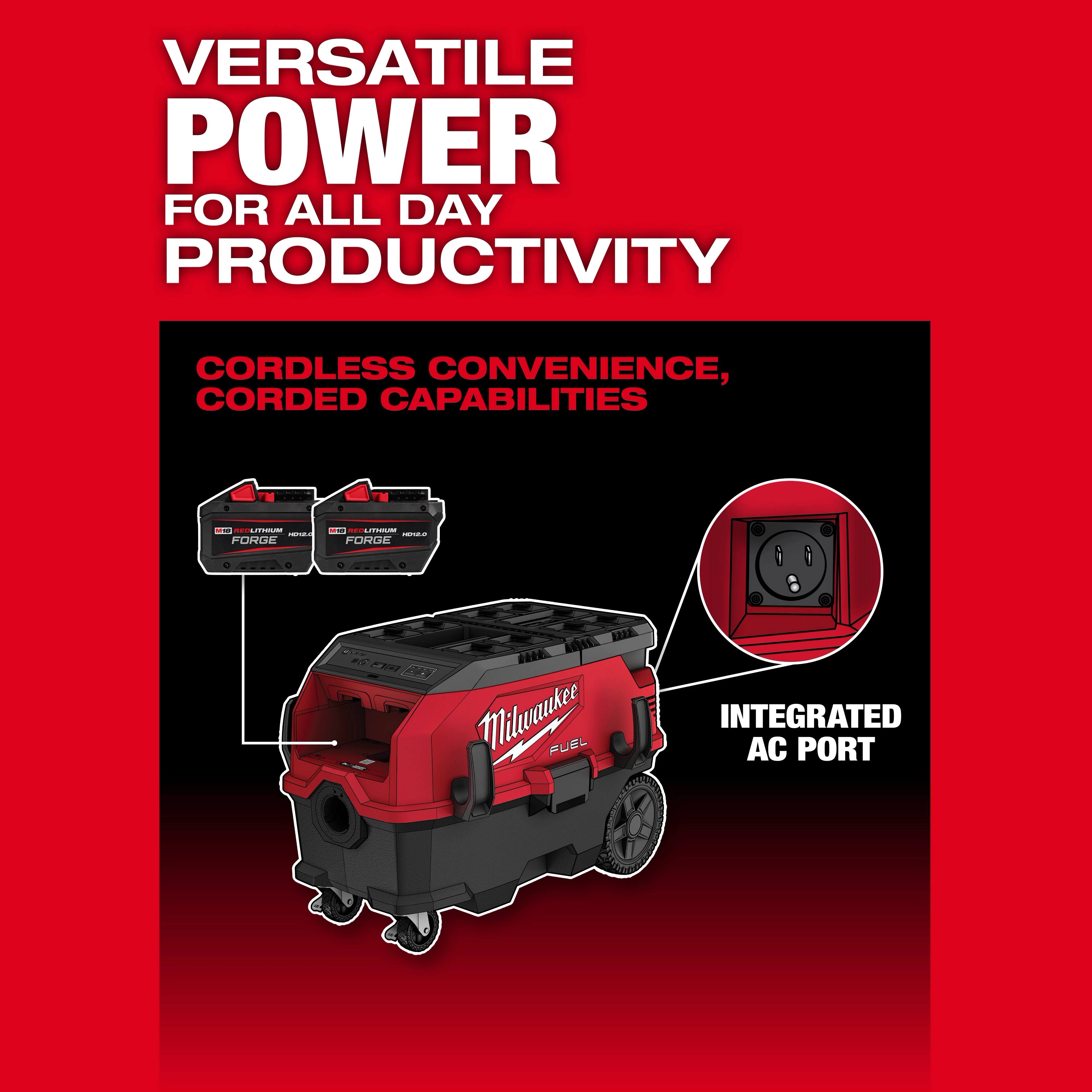 The image shows the M18 FUEL™ 9 Gallon Dual Battery Dust Extractor w/ PACKOUT™ Compatibility and VACLINK™. It highlights cordless and corded capabilities with two batteries and an integrated AC port against a red background emphasizing power and productivity.