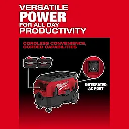 The image shows the M18 FUEL™ 9 Gallon Dual Battery Dust Extractor w/ PACKOUT™ Compatibility and VACLINK™. It highlights cordless and corded capabilities with two batteries and an integrated AC port against a red background emphasizing power and productivity.