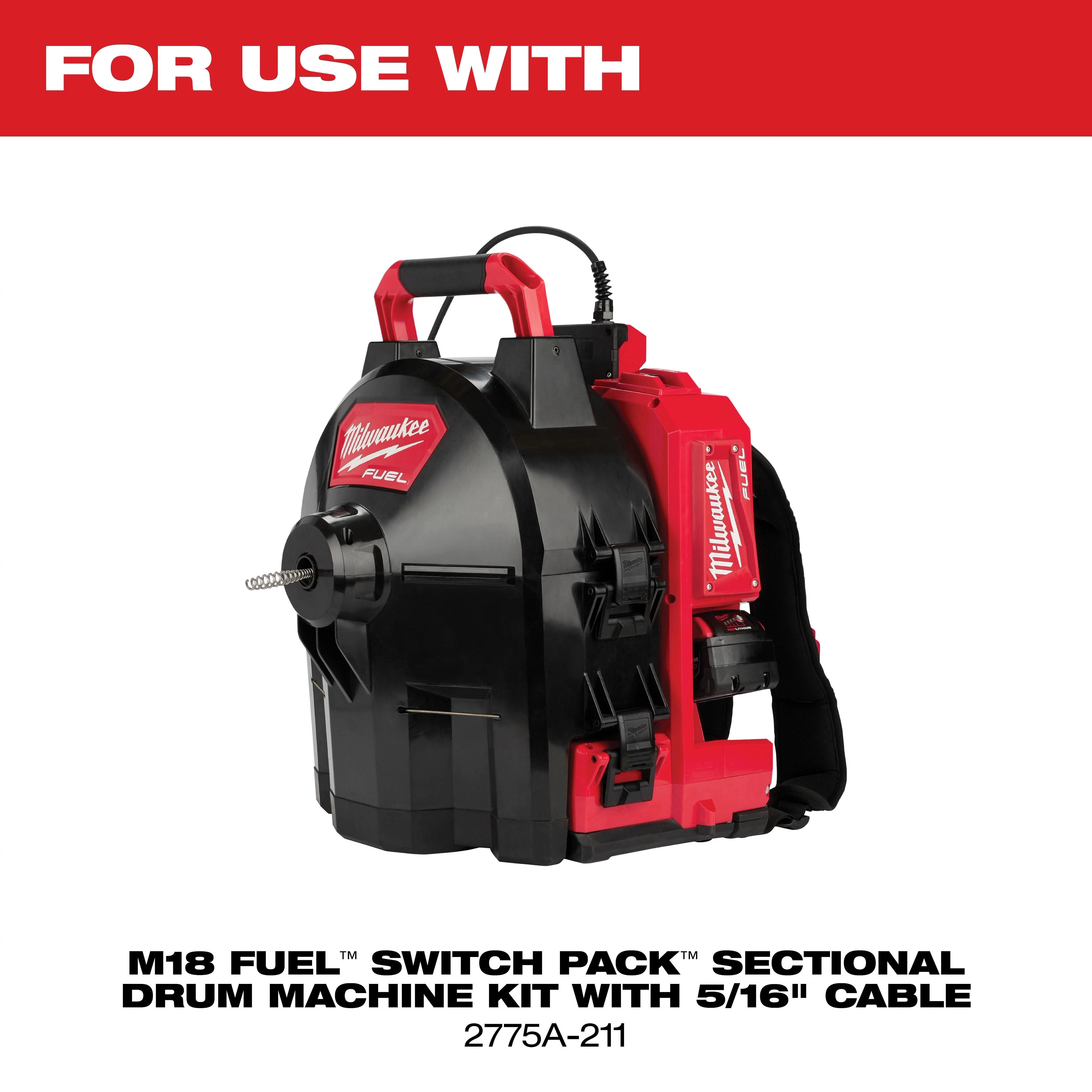 Milwaukee M18 Fuel Switch Pack Sectional Drum Machine Kit with 5/16" cable, model 2775A-211, features a portable design with a red and black color scheme, ergonomically shaped handle, and advanced motor technology for effective plumbing applications. "For Use with" text displayed in red at the top.