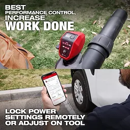 The MX FUEL™ Backpack Blower's control panel is shown, emphasizing its performance and control features. A phone screen demonstrates the ability to lock power settings remotely or adjust them on the tool. Text highlights the product's efficiency in increasing work done.