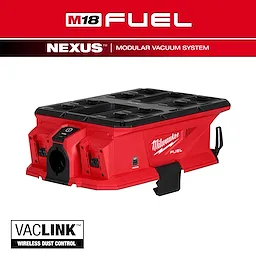 The M18 FUEL™ NEXUS™ Dual Battery Wet/Dry Vacuum Motor Head with PACKOUT™ Compatibility & VACLINK™ is a red and black modular vacuum system by Milwaukee, featuring wireless dust control.