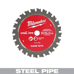 A circular Milwaukee steel pipe cutting blade with a red and silver design, labeled for clean cuts. The blade is compatible with M18 FUEL steel pipe cutters, measures between ½" to 1", and has a max RPM of 3,500. The product number is 48-40-4062.