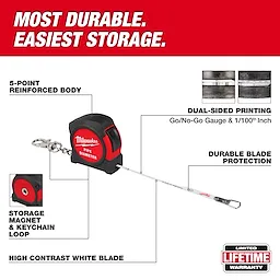 The image shows a Milwaukee Pipe Diameter Tape Measure with a 5-point reinforced body, dual-sided printing, and a high contrast white blade. The tape measure features durable blade protection, a storage magnet, and a keychain loop. It is labeled as "Most Durable. Easiest Storage" and includes a limited lifetime warranty.