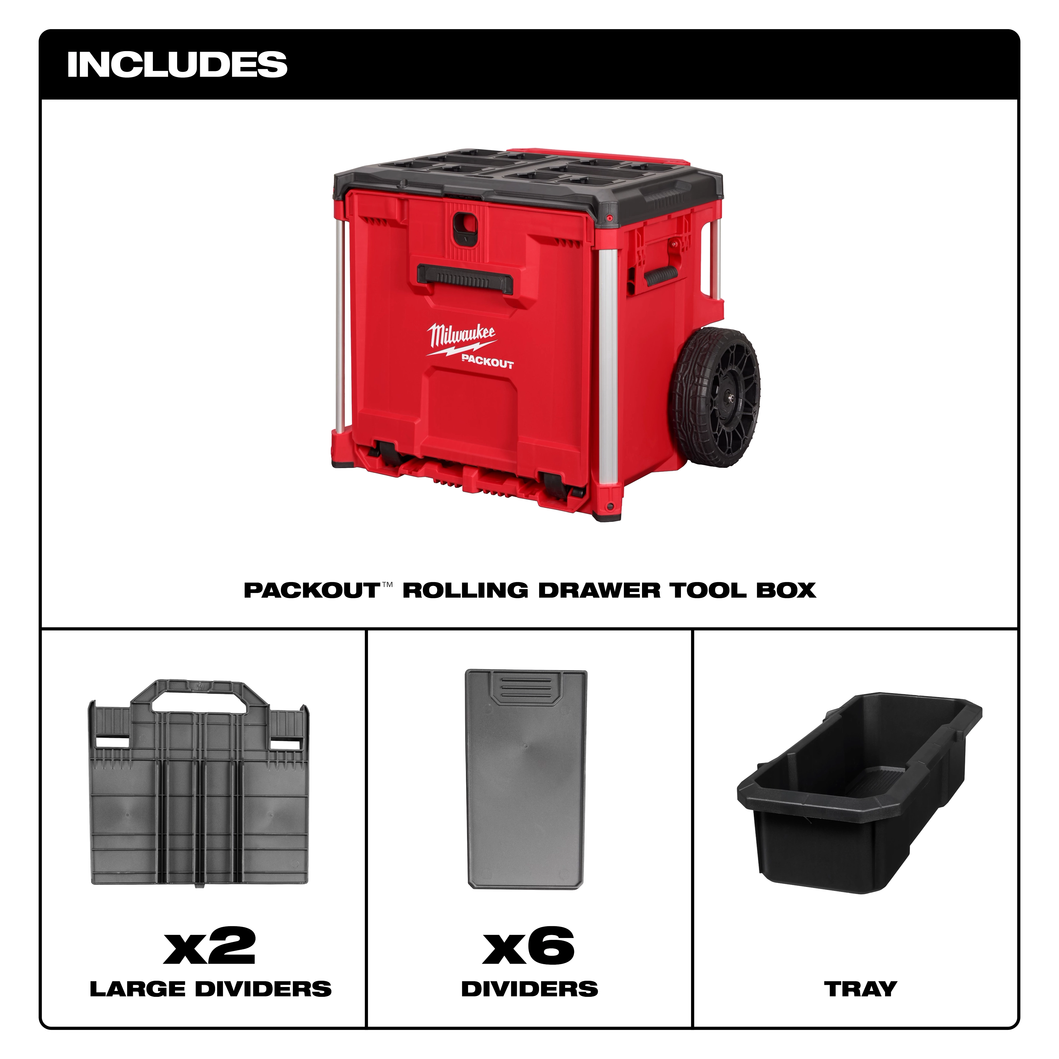 The image shows a PACKOUT™ Rolling Drawer Tool Box, which includes two large dividers, six additional dividers, and a tray for tool organization.