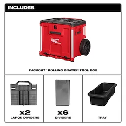 The image shows a PACKOUT™ Rolling Drawer Tool Box, which includes two large dividers, six additional dividers, and a tray for tool organization.