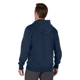 Man wearing the blue midweight pullover hoodie