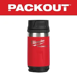 PACKOUT 12oz Insulated Bottle with Sip Lid features a red and stainless steel design with a black sip lid, shown against a white background.