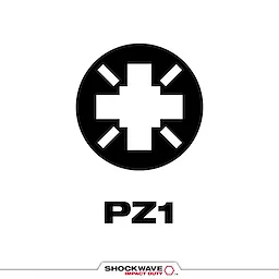 Image showing the SHOCKWAVE™ PZ1 Tip Type. It displays a black symbol of the PZ1 tip, which features a cross with additional diagonal lines at each corner. The letters "PZ1" are written below the symbol.