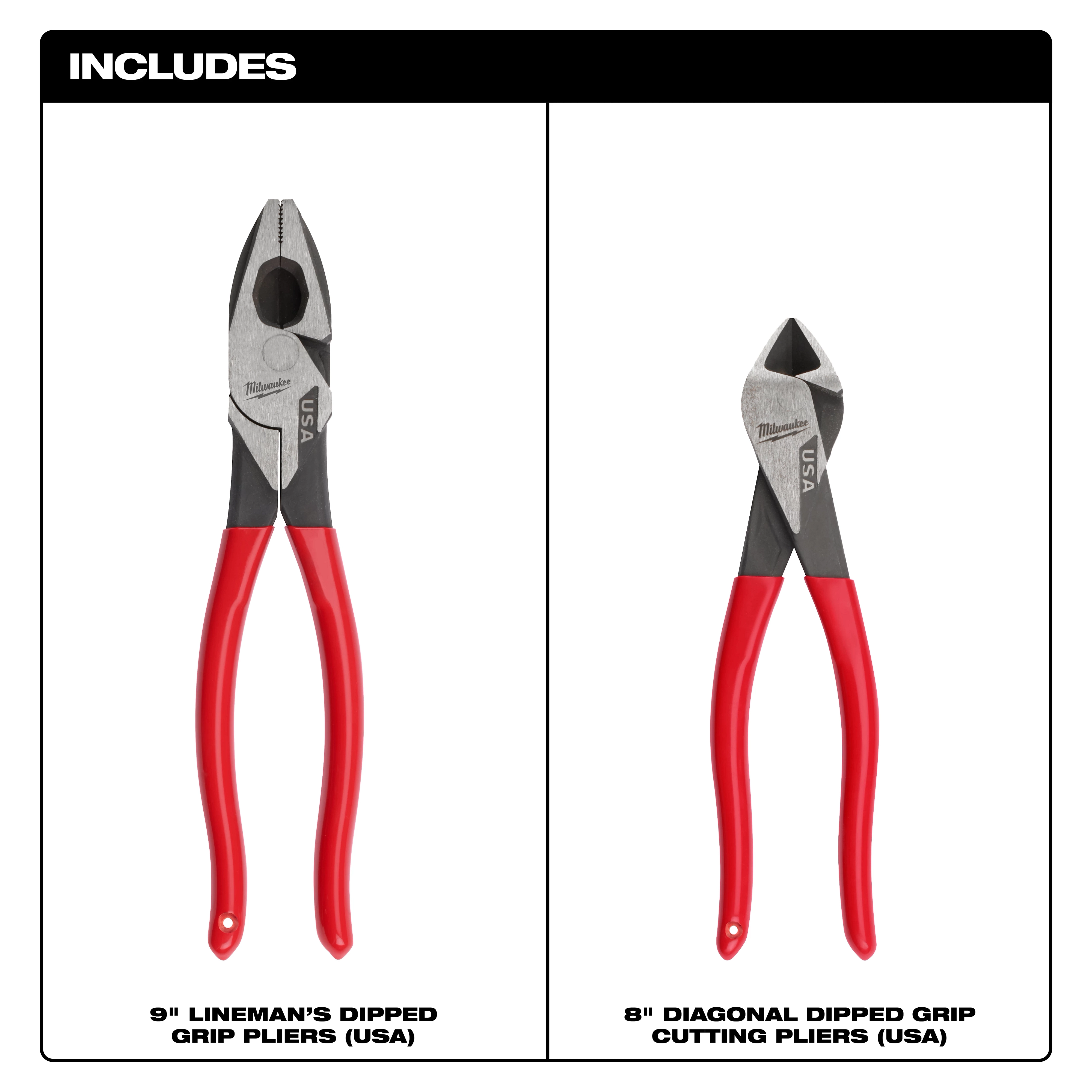 This image shows a 2PC Dipped Grip Cutting Pliers Set (USA), including a 9" Lineman’s Dipped Grip Pliers and 8" Diagonal Dipped Grip Cutting Pliers, both with red handles.