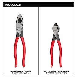 This image shows a 2PC Dipped Grip Cutting Pliers Set (USA), including a 9" Lineman’s Dipped Grip Pliers and 8" Diagonal Dipped Grip Cutting Pliers, both with red handles.